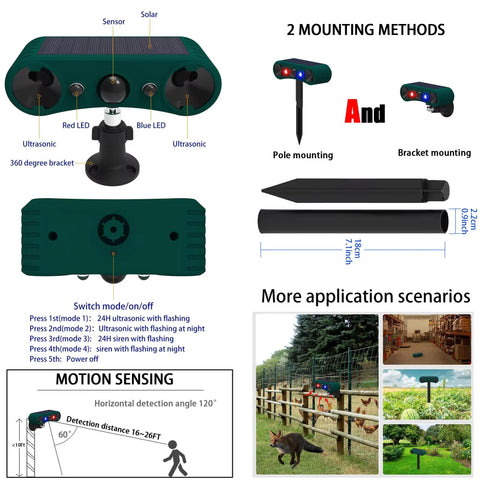 Solar Indoor Outdoor Motion Sensor Alarm With 129dB Siren Ultrasonic Security Alarm Four Modes Red And Blue Strobe Light Weatherproof Yard Garden Farm Guard No Fuss Setup 2 Pack, pole mount view