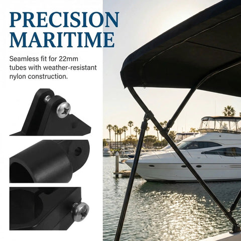Premium Boat Bimini Top Hardware Kit Featuring Eye End Cap, Jaw Slide Deck Hinge And Adjustable Plastic Marine Canopy Fittings Perfect For 22mm Tubing Upgrades On Any Vessel For Smooth Sailing Adventures. Black nylon 22mm bimini top fitting on yacht canopy