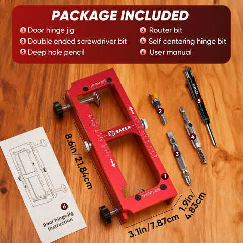 Heavy Duty Aluminum Alloy Door Hinge Jig And Deep Hole Pencil Set shown with components on wooden surface
