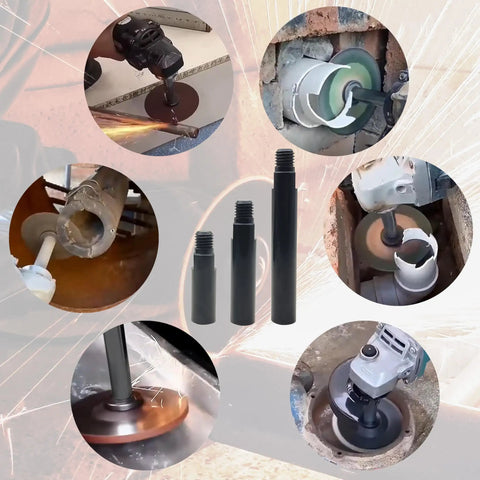Angle Grinder Extension Shaft Kit 5/8-11 With 3in 4in 5.5in Rods showing various grinding and polishing uses.
