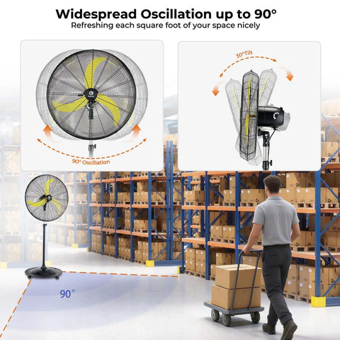 Whisper Quiet 24 Inch Industrial Pedestal Fan With Brushless DC Motor, 5000 CFM Waterproof Heavy Duty Outdoor Fan in warehouse