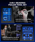 Image of a 2-in-1 bearing puller tool set, showing cases with labeled tools including bearing puller, separator, and slide hammer.