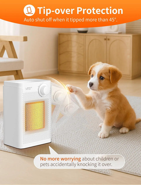 Compact Indoor Electric Space Heater 1200W PTC Fast Heating, portable with tip-over protection near playful puppy.