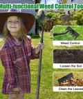 Child holding Long Handle 56 Inch Six Tine Weeding Hoe And Weed Puller Tool For Lawn Garden Yard Patio And Backyard No Sweat Labor Saving Rake