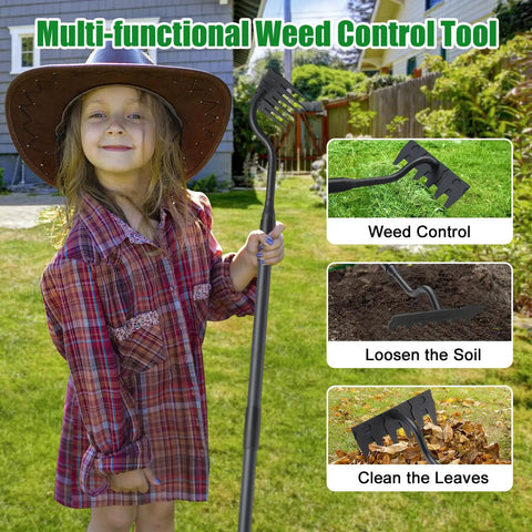 Child holding Long Handle 56 Inch Six Tine Weeding Hoe And Weed Puller Tool For Lawn Garden Yard Patio And Backyard No Sweat Labor Saving Rake