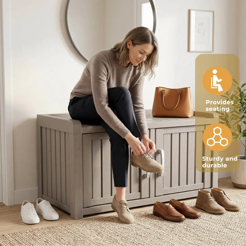 Waterproof UV Resistant Shoe Cabinet Storage Bench Indoor Outdoor With Adjustable Shelves Double Door Grey For Entryway Bedroom Hallway And Living Room Durable Space Saving Organizer That Holds Up To Eight Pairs, with a woman seated on it, shoes visible.