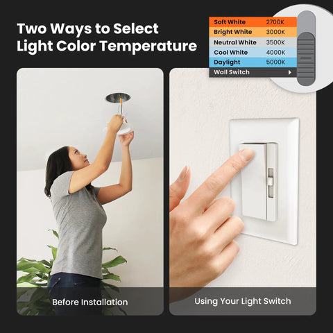 4 Inch Led Recessed Downlight 5Cct Tunable White Dimmable Ceiling Fixture 4 Pack installation process and light switch use.