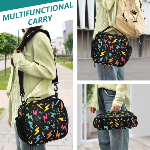 Colorful Lightning Bolts Insulated Lunch Bag With Shoulder Straps For Office School Travel For Kids And Adults This Portable Cooler Tote Has A Spacious Main Compartment And Side Mesh Pockets For Drinks Snacks And Lunch On The Go. Black polyester insulated lunch bag with colorful lightning bolt print, shoulder strap, and side mesh pockets