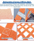 Heavy Duty Cargo Lifting Net With Strong Elastic Nylon Straps To Lock Down Your Gear And Haul Massive Equipment Anywhere Without Breaking A Sweat Daily, orange mesh design, measurement details.