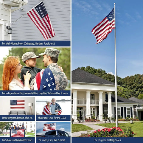 Collage of uses for 2.5 By 4 Ft American Flag Pole Sleeve For Outdoor Use, Built To Last Nylon Construction, Tear Resistant, Weather Ready