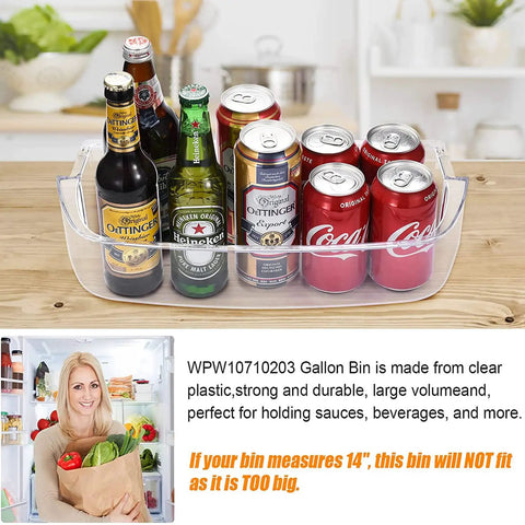 Fridge Door Shelf Bin Replacement For Whirlpool Parts W10710203 WPW10710203VP W10463668 W10451871 filled with beverage cans and bottles