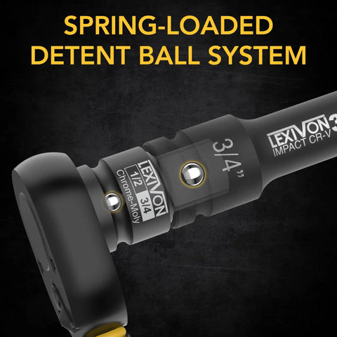 Beefed Up 1/2 Inch To 3/4 Inch Impact Socket Increaser with spring-loaded detent ball system, chrome molybdenum alloy steel.