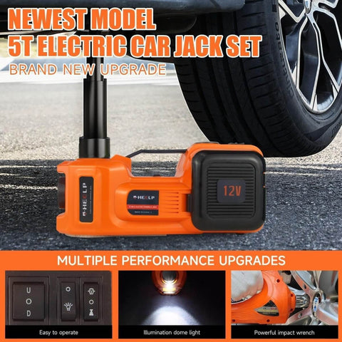 Electric Car Jack Kit 5 Ton Hydraulic Lift With 12V Power lifting car tire with multiple upgrades displayed
