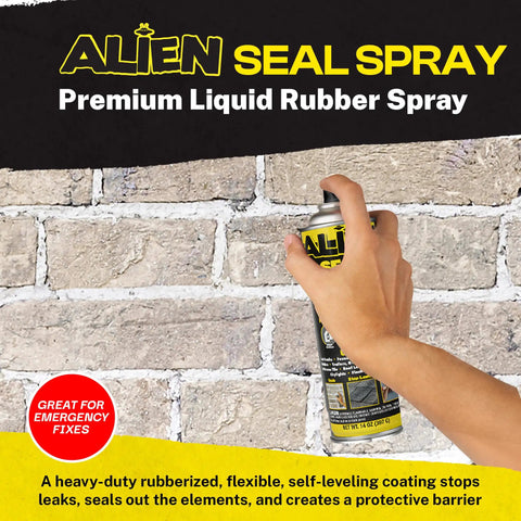 Hand using Alien Seal Spray on brick wall, liquid sealant spray for instant leak fix on pipes, roofs, and more dries black finish quick set.