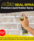 Hand using Alien Seal Spray against brick wall, showcasing a premium liquid rubber spray for emergency leak fixes.