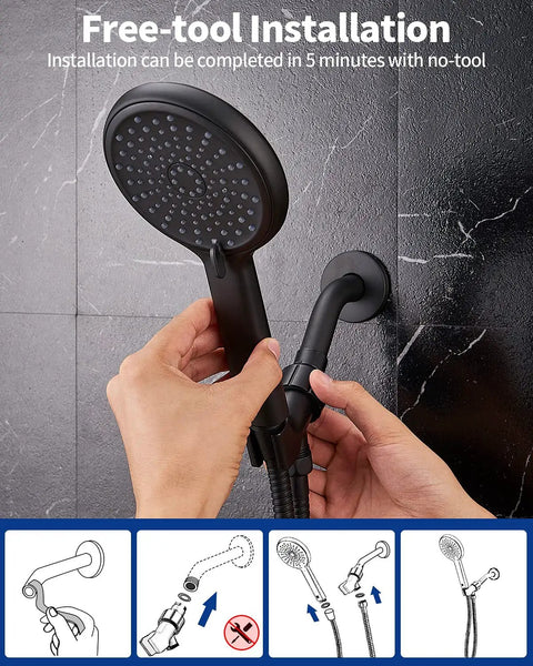 Hands installing High Pressure Handheld Shower Head Kit With 4 Settings And Beast Mode Jet Water, 59 Inch Stainless Hose, Matte Black HM-001
