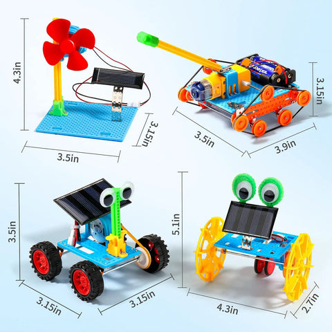 4-In-1 Solar Robot Kit For Kids Ages 8-12, STEM Toys For Boys And Girls, Solar Powered Fan Car And Robot, Pulley Powered Tank, Hands-On Electricity, Mechanics And Engineering Projects For Real World Learning. Four models with size labels