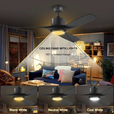 52 Inch Black Outdoor Ceiling Fan With Light And Remote For Patio, Modern Three Blade Design, Living Room Setting