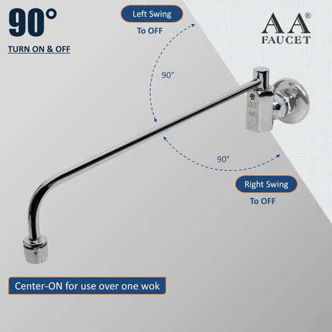 Center On Automatic Wok Range Faucet With Fourteen Inch Spout, Three Eighth Inch NPT Inlet, Wall Mount, Commercial Duty Brass Construction, Polished Chrome Finish, Built For Busy Restaurant Kitchens