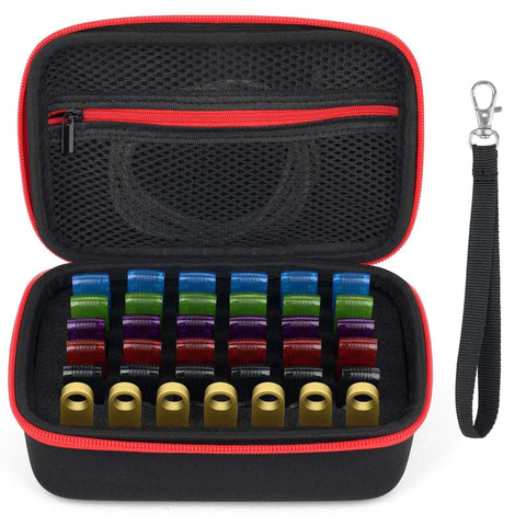 Universal USB Flash Drive Case And Memory Card Organizer Holder For Sd Xc Hc Thumb Drives With Dang Good Hard Shell Protector Storage Box open showing colored slots and gold connectors inside.
