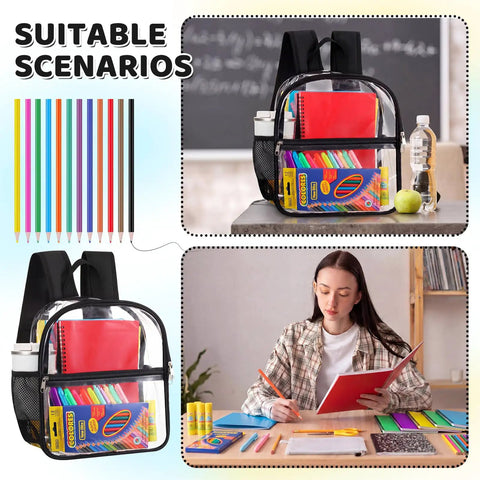 All In One Back To School Supplies Kit With 6 Clear Backpacks And 150 Pieces Including Notebooks Pencils Folders Glue Scissors Sticky Notes Gel Pens For Classroom Or Office Use Budget Bulk Set shown with student using supplies at desk