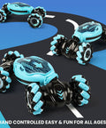 Three blue Gesture Sensing RC Stunt Cars for kids 6 to 12, hand controlled double sided twist vehicles on a blue and black track.