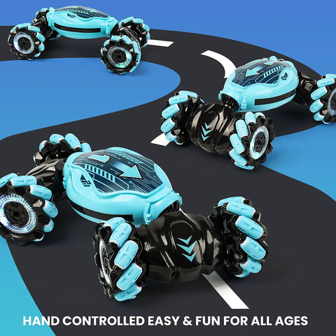 Three blue Gesture Sensing RC Stunt Cars for kids 6 to 12, hand controlled double sided twist vehicles on a blue and black track.