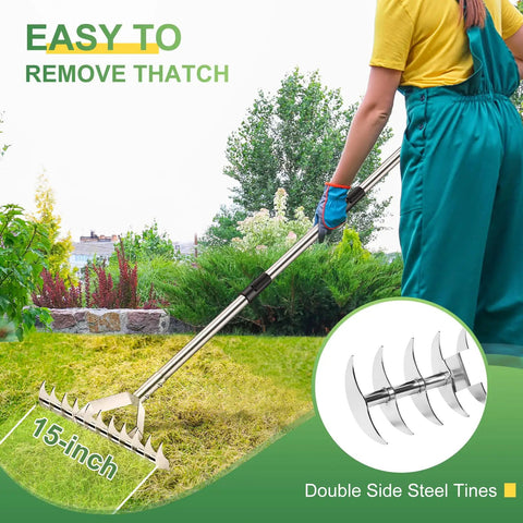 62 Inch Thatch Rake With Adjustable Long Handle demonstrating 15 Inch wide rake head on grassy lawn for removing thatch with ease