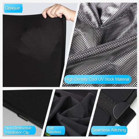 Tesla Model Y sunshade ice black; collage view showing fabric panel, UV-block mesh, and non-destructive installation clip.