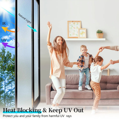 Family enjoying sunlight through Frosted Glass Window Privacy Film Static Cling For Home And Bathroom Soft Light Diffusion UV Blocking
