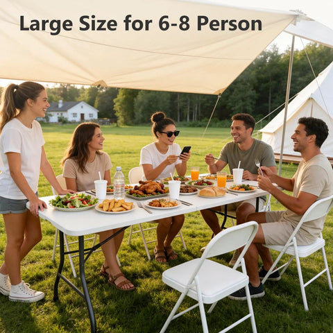 Group of six people dining outdoors on 2 Pack 6 Ft Folding Plastic Tables Heavy Duty Portable Fold In Half Utility Tables