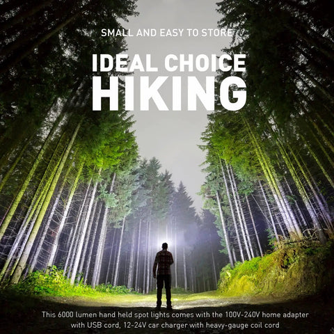 Person in forest using Beast Mode Rechargeable LED Spotlight Portable Handheld Searchlight 6000 Lumens for hiking in the woods