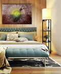 Smart RGB Shelf Floor Lamp With USB Ports And Power Outlet in a modern bedroom, black with fabric shade, next to bed, room decor.