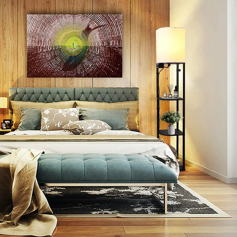 Smart RGB Shelf Floor Lamp With USB Ports And Power Outlet in a modern bedroom, black with fabric shade, next to bed, room decor.