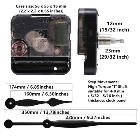 High Torque Quartz Clock Movement Replacement Parts With 350 mm Long Spade Hands, Heavy Duty, Long Shaft Design, Fits 4 To 8 mm Clock Panels, Great DIY Wall Clock Upgrade