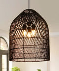 Arturesthome 3-Light Rattan Woven Bell Pendant Light for Dining Room Black hanging with warm light inside a modern space.