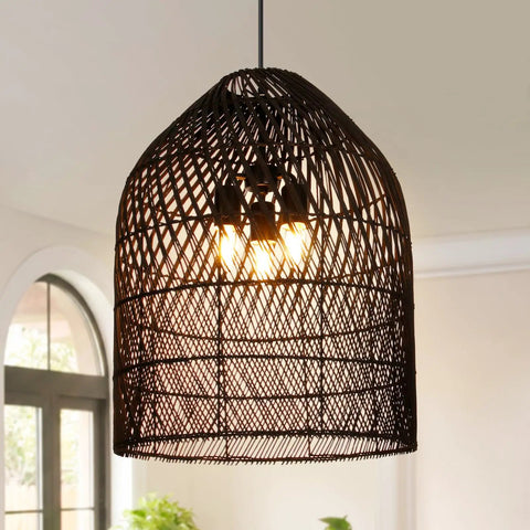 Arturesthome 3-Light Rattan Woven Bell Pendant Light for Dining Room Black hanging with warm light inside a modern space.