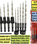 Woodworking Countersink Drill Bit Set With Depth Adjustable 5 Piece Replacement Tapered Bits For Wood Sizes Four Six Eight Ten Twelve In Durable Storage Case Pro Grade By FTG USA, shown with bits in case and hex key.