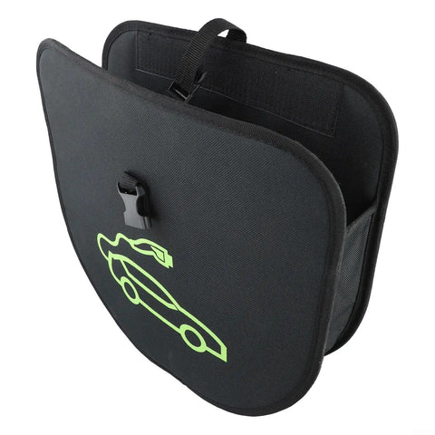 Rock Solid EV Charger Cable Storage Bag With Heavy Duty Suspension Strap Hella Spacious 600D Oxford Organizer For Electric Vehicles Black Interior Cord Bag side view showing black exterior with bright green car graphic.