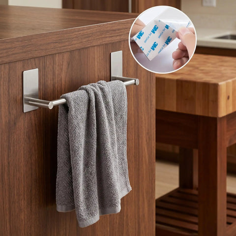 Adhesive Towel Bar 12 Inch Brushed Stainless Steel No Drill Stick On Bath Rack mounted on wood cabinet, showing adhesive application.