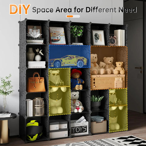 Portable 25-Cube Storage Organizer With 14x14 Inch Cubes, Heavy-Duty Metal Panel Shelving, Sturdy Clothes Organizer And Cube Shelf, Easy To Assemble, Black, various items displayed in cubes
