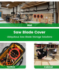 Red Silicone Saw Blade Sleeve and Storage for Circular and Table Saws 10 Inch Protector Cover Keeps Teeth Safe Grab and Go Access Protects Edges and Fingers Two Pack, displayed on workshop wall, in toolbox, and in use by woodworker.