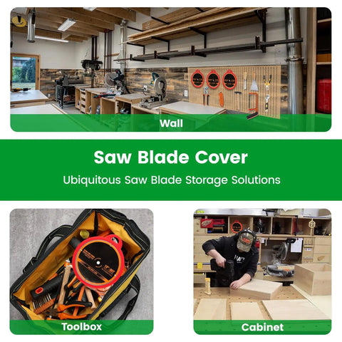 Red Silicone Saw Blade Sleeve and Storage for Circular and Table Saws 10 Inch Protector Cover Keeps Teeth Safe Grab and Go Access Protects Edges and Fingers Two Pack, displayed on workshop wall, in toolbox, and in use by woodworker.