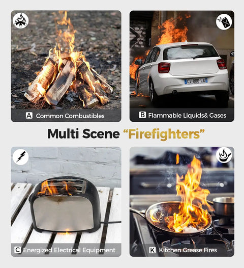 Image showing fire hazards: burning wood, car fire, toaster fire, and kitchen grease fire, highlighting Multi Scene 'Firefighters'.