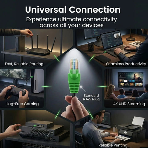 Image showing a person holding an RJ45 plug with various use cases for Outdoor Cat6 Ethernet Cable 200 Ft Direct Burial 24AWG.