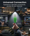 Hand holding a green RJ45 plug with text showing universal connection for gaming, streaming, routing, productivity, and printing.