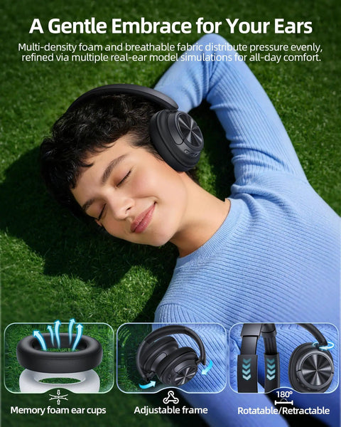 Woman relaxing on grass wearing Hybrid Active Noise Canceling Wireless Headphones With 120-Hour Battery Life Bluetooth 6.0 Over-Ear Headphones, ENC HD Mic For Crystal Clear Calls, Hi-Res 360 Spatial Audio, Built For Travel And Gym, Black with visuals of ear cushions and adjustable frame.