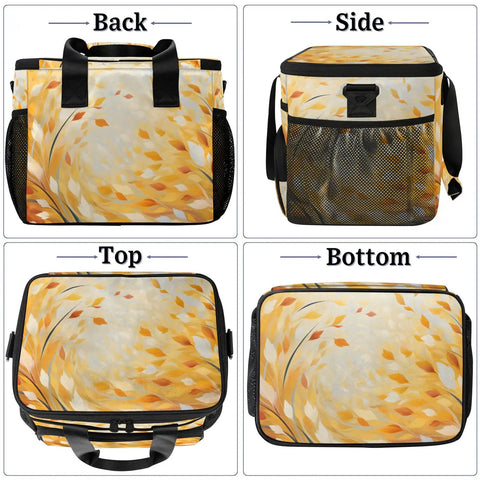 Insulated Picnic Backpack With Large Lunch Box for women and men, showing back, side, top, bottom views with fall leaf design.