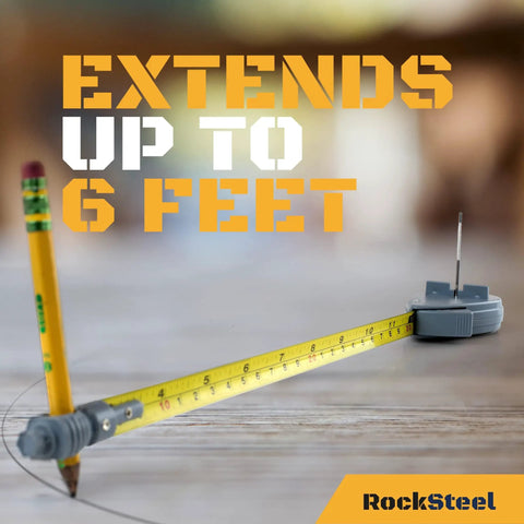 Rotating Tape Measure Circle Tool For Arcs And Circles Pencil Friendly Beam Compass Alternative held by pencil on wood surface