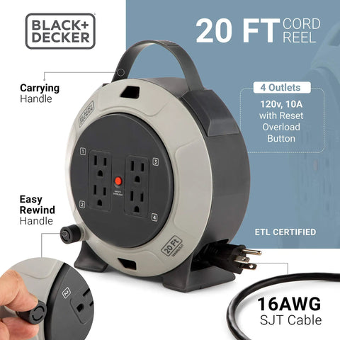 Retractable 20 Foot Extension Cord Reel With Four Outlets Heavy Duty 16 AWG SJT Cable Thermal Breaker Reset Button